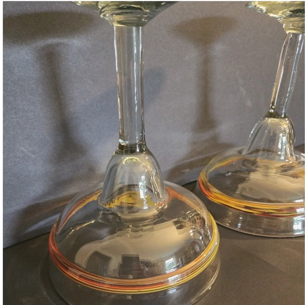 Mexican Hand Blown Margarita Glasses Set of 2‎ Orange Yellow Red Swirl Rim 7in